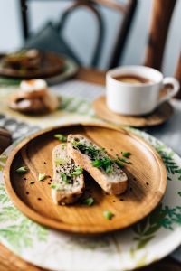 Kaboompics - Breakfast served with tea, bread and eggs