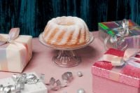 Kaboompics - Pink Christmas Gifts and Bundt Cake on Pastel Table