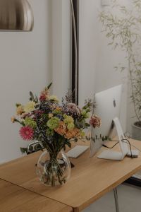 Kaboompics - Minimal Home Office with Computer, Flowers and Indoor Tree