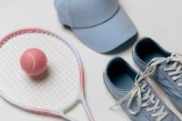 Kaboompics - Blue Cap, Sneakers, Tennis Racket and Pink Ball Flat Lay