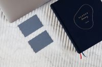 Kaboompics - Blue Business Card Branding Mockup with Laptop and Planner Flat Lay