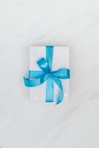 Kaboompics - White Gift Box with Blue Ribbon, Top-Down Christmas Flat Lay