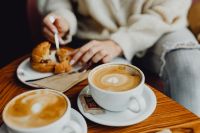Kaboompics - Two Cappuccinos and a Dessert on a Cafe Table during a Pastry Break
