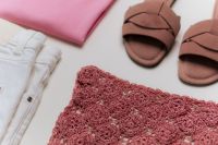 Kaboompics - Pink T-Shirt, White Shorts and Crochet Bag Flat Lay