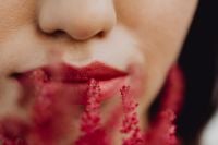 Kaboompics - Red Lipstick Close-Up Behind Blurred Red Flower Stems, Asian Beauty Editorial