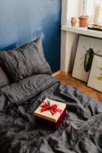 Kaboompics - Wrapped Gift Box on a Bed in a Blue Bedroom