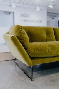 Kaboompics - Olive Green Velvet Armchair with Pale Upholstered Side Panels on Display