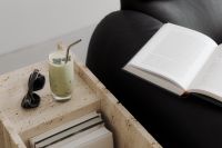 Kaboompics - Open Book, Green Drink and Sunglasses on Travertine Table
