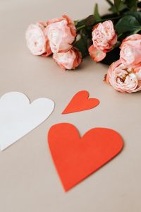 Kaboompics - Close-Up of Blush Roses and Red Paper Hearts on Beige