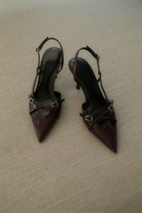 Kaboompics - Cherry Burgundy Slingback Shoes on Beige Fabric