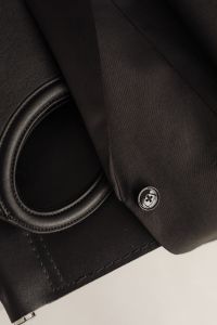 Kaboompics - Black Blazer, Handbag and Chrome Chair Top View
