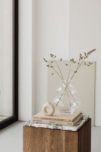 Kaboompics - Minimalist Interior Styling with Glass Vase, Art Books and Ceramic Ring Decor