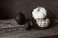 Kaboompics - White Pumpkins in Wire Basket With Black Decorations
