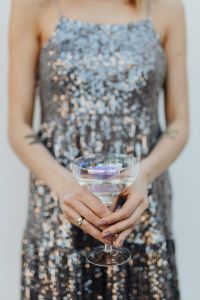 Champagne Fashion Portraits: Silver Sequin Dress in a White Studio and Autumn Foliage