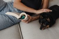 Kaboompics - Small Dog Resting Beside a Woman Reading at Home