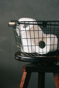 Toiletries in a metal basket