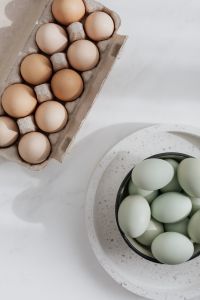 Kaboompics - Easter flat lay with green eggs on a white marble