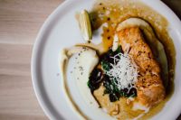 Kaboompics - Overhead Bourbon Salmon with Mashed Potato, Wilted Spinach and Lemon