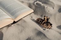 Kaboompics - Open Paperback and Patterned Claw Clip on Footprinted Sand