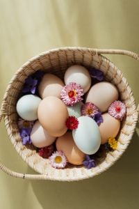 Kaboompics - Overhead Easter Basket with Colorful Eggs and Spring Flowers on Sage Green