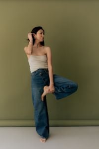 Jewelry Brand Studio Portraits With Asian Woman on Olive Green Background