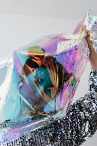 Kaboompics - Asian Model in Futuristic Silver Styling and Neon Light