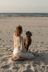Kaboompics - Woman Sitting with Dog on Beach in Sequin Dress