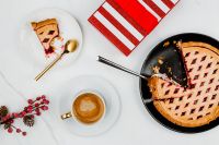 Kaboompics - Blueberry Pie Slice and Cappuccino with Red Winter Berries and Gift Box