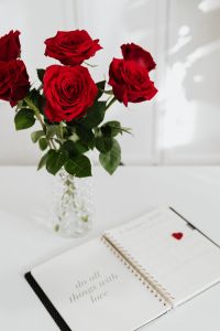 Kaboompics - Glass Vase of Red Roses and Felt Heart Beside February Planner