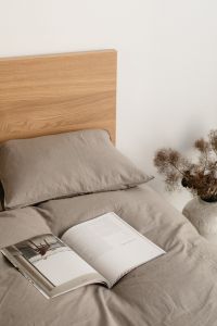 Kaboompics - Open Book and Dried Flowers on a Gray Bed