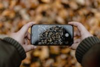Kaboompics - A woman takes a picture with her iPhone X in the autumn forest