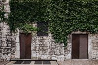 Kaboompics - Two Wooden Doors in Ivy and Limestone Wall, Krakow