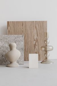 Wood and Marble Mockup Photography with Blank Business Cards and Sculptural Neutral Decor