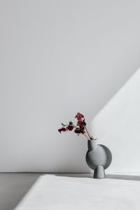 Kaboompics - Burgundy Hellebores in a Gray Sculptural Flower Vase