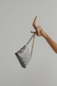 Kaboompics - Gray Quilted Chain Strap Bag with Pointed Beige Heel, Fashion Accessory