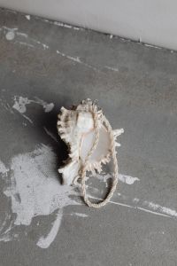 Kaboompics - Pearl Necklace Draped Across a Seashell on Gray Concrete, Vertical Composition
