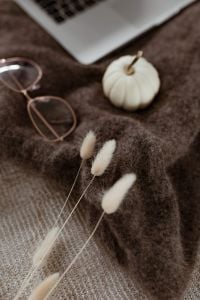 Kaboompics - Laptop, glasses & small white pumpkin
