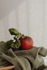 Kaboompics - Single Red Apple and Dried Leaves on Olive Linen, Vertical Autumn Food Background