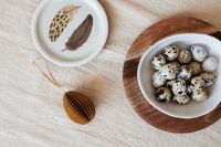 Kaboompics - Speckled Eggs in a White Bowl Beside a Feather-Print Plate, Neutral Spring Table Decor