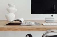 Kaboompics - Modern Home Office Desk Styling with Sculptural Vase, Open Magazine and iMac