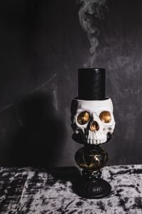 Moody Halloween Skull Decorations on Black Velvet and Marble