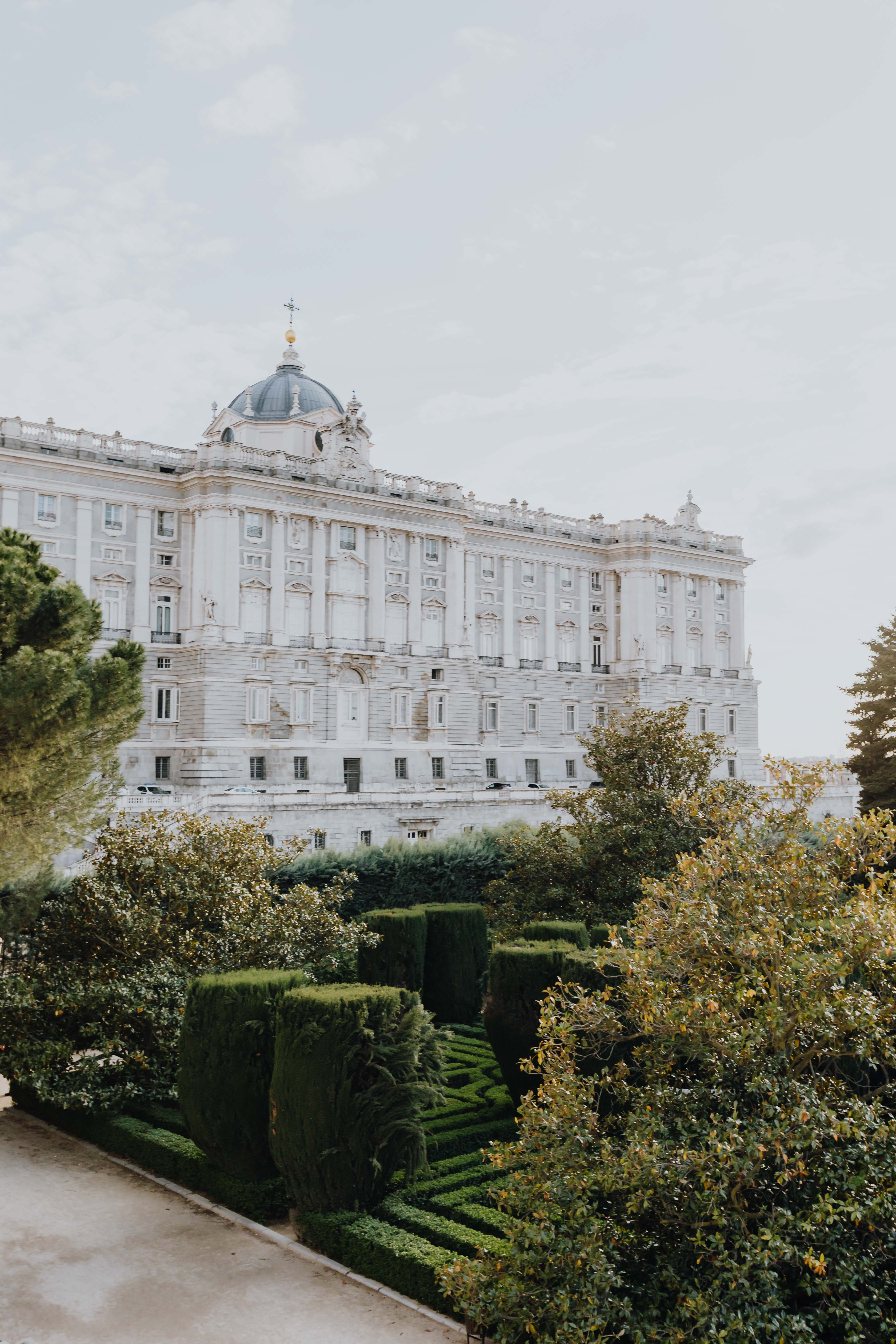 View of the Royal Palace of Madrid through the gardens, Spain