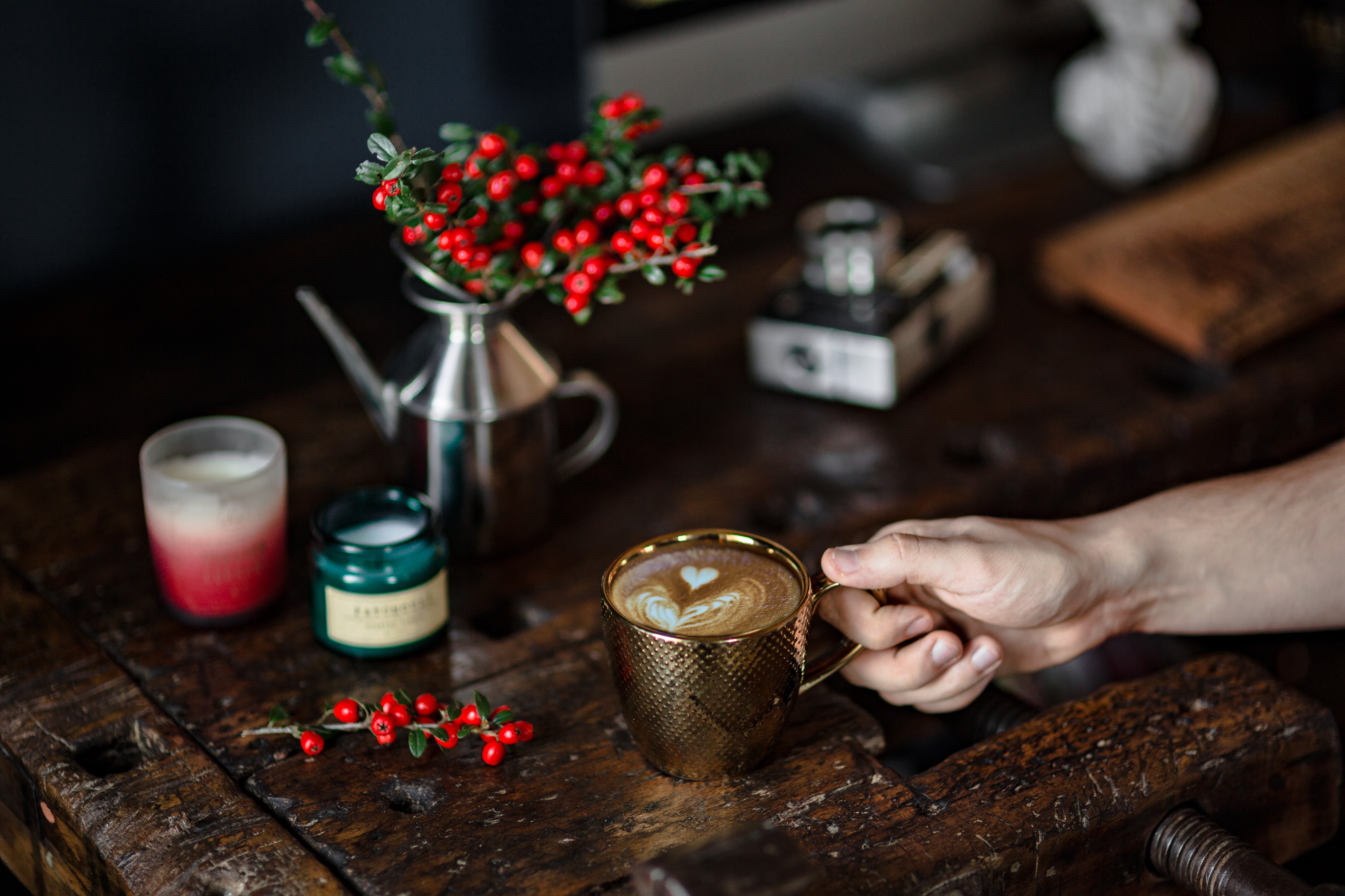 Cup of coffee, Fresh Holly and Candles