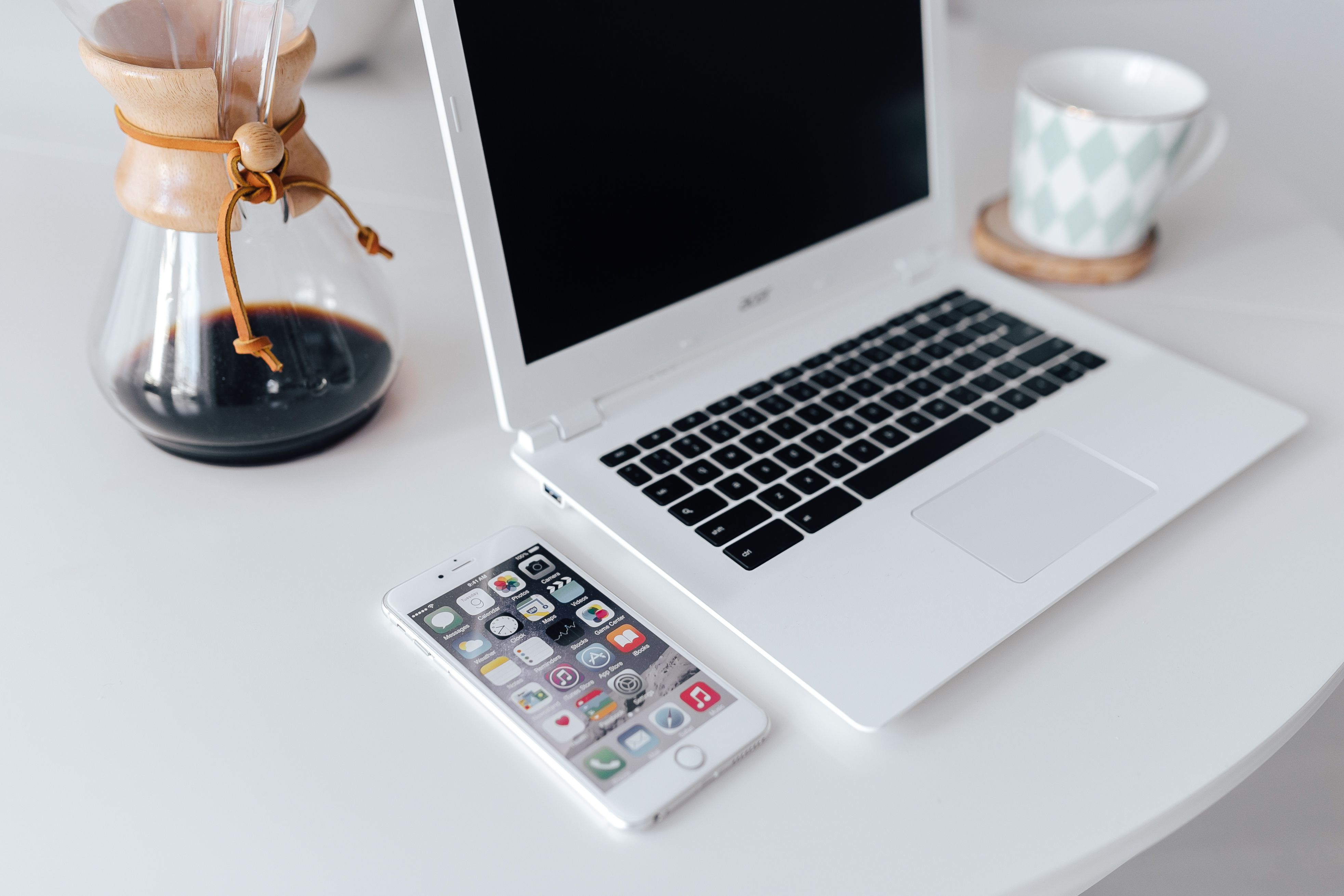 iPhone, laptop, coffee in Chemex